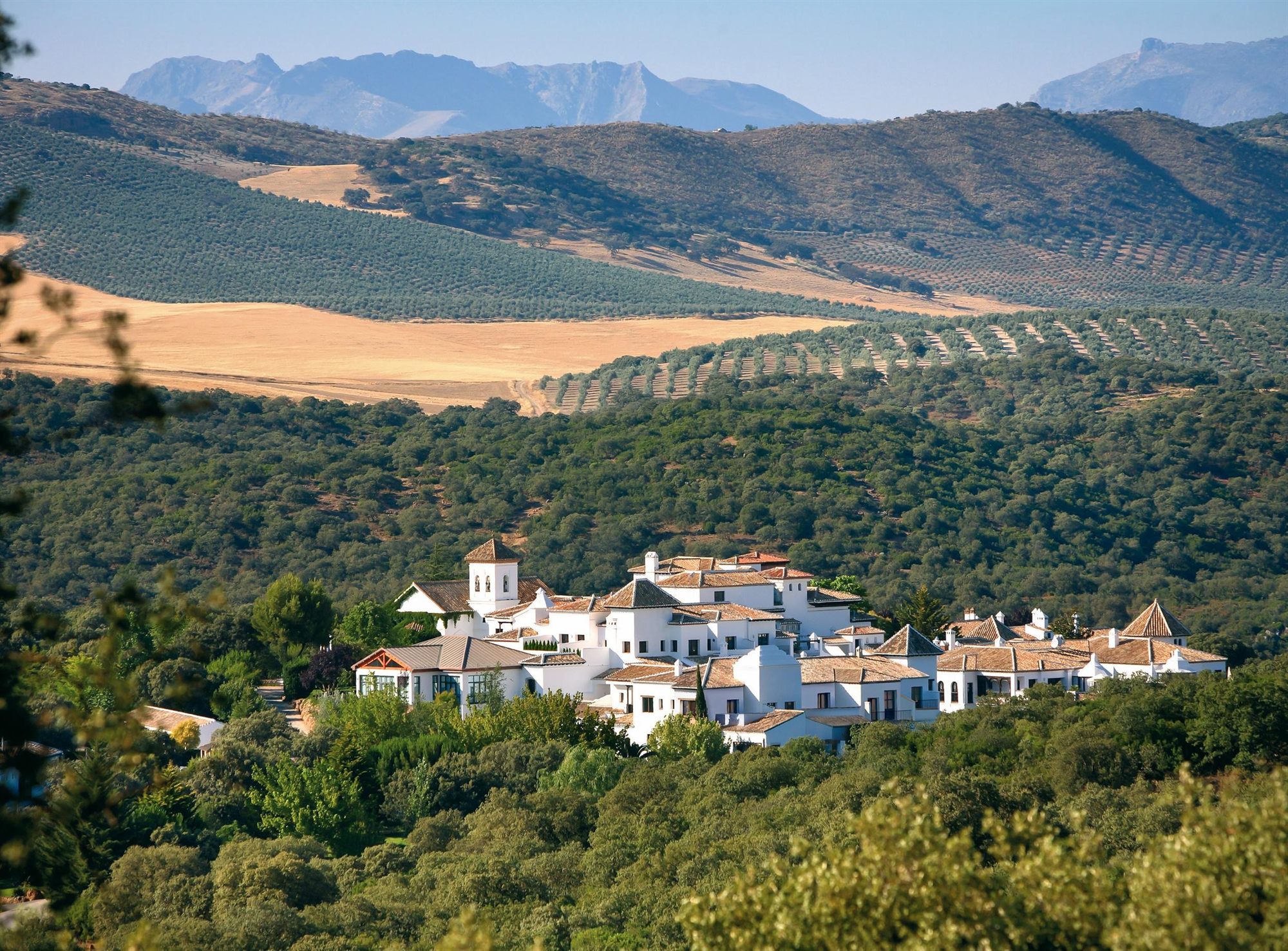 Pueblo andaluz blanco visto desde lo alto entre olivares y monta&ntilde;as de la Sierra de Loja